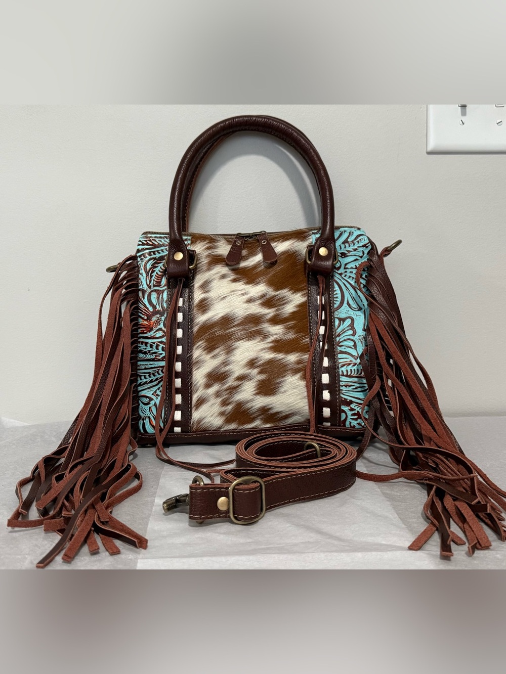 NWOT Myra Cowhide Tooled Leather Fringe Satchel CC